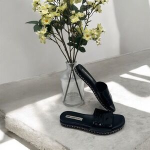 Karl Lagerfeld Paris Billi Black Patent Leather Chain Trim Slide Sandals 6M